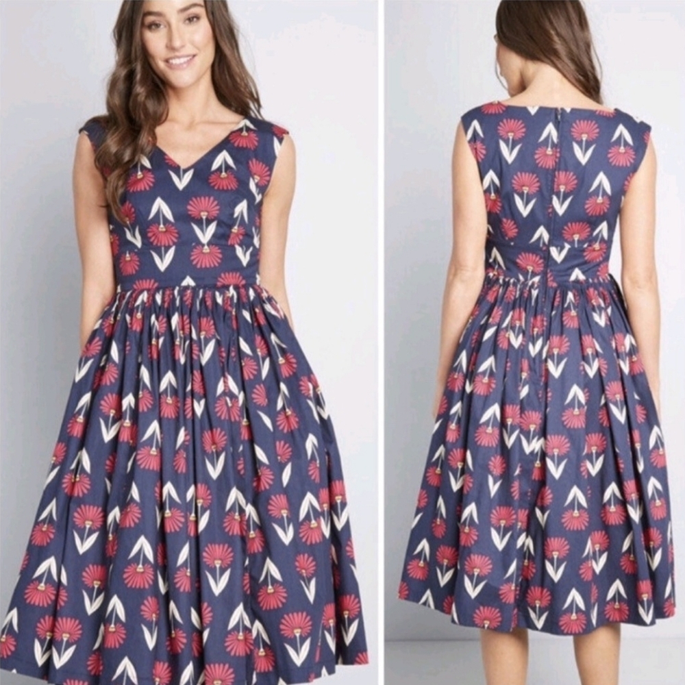 Modcloth Navy Floral Midi Dress with Coral and White Accents
